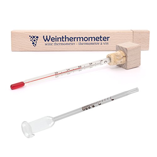 Lantelme 3857 Weinthermometer und Glas Vinometer - Wein Thermometer im Holzetui mit Glassäule - Analoge Weintemperatur und Alkoholgehaltmessung