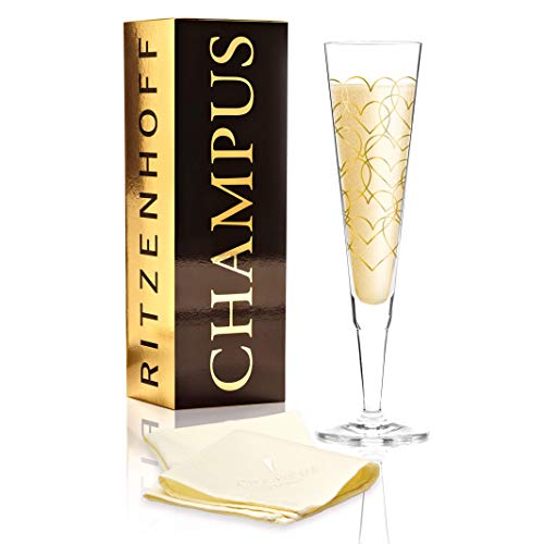 RITZENHOFF Champus Champagnerglas von Rurik Mahlberg, aus Kristallglas, 200 ml, mit edlen Goldanteilen, inkl. Stoffserviette