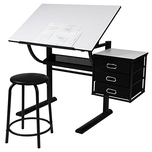 Schreibtisch mit Zeichenfunktion Zeichentisch Bürotisch Atelier Kunsttisch Arbeitstisch belastbar inkl. 3 große Schubladen und Hocker bis ca. 60 kg