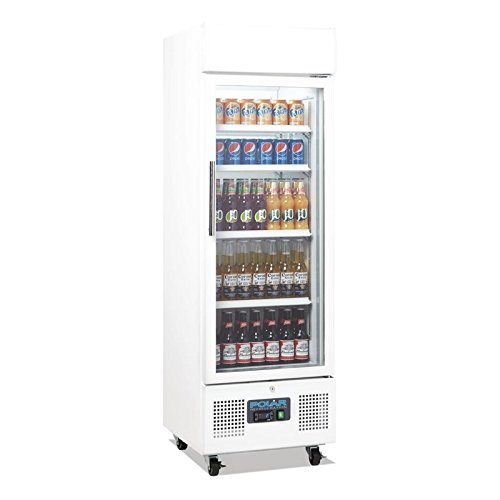 Flaschenkühlschrank, Getränkekühlschrank mit Rollen ideal für Dosen, Bierflaschen und PET Flaschen 220 Liter abschließbar mit Beleuchtung und Umluftkühlung, LED Display