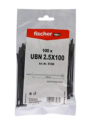 fischer Kabelbinder UBN 2,5 x 100 - Hochwertige Kabelverbinder zur einfachen Bündelung von Kabeln und Rohren, schwarz - 100 Stück - Art.-Nr. 87488