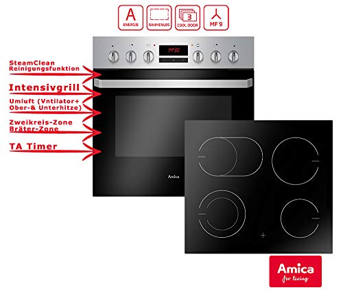 Amica EHC 933 015 E Einbauherd Set | 9-fach Multifunktion Backofen mit Grill und Umluft | Rahmenloses Glaskeramik Kochfeld mit Zweikreis und Bräterzone | Timer | Steam Clean