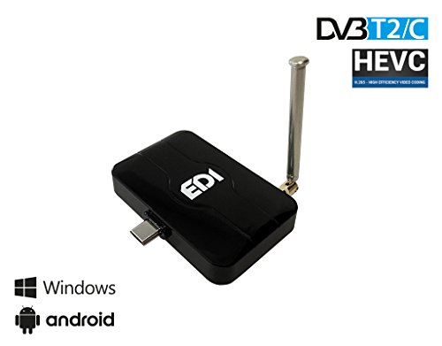 EDISION EDI-COMBO T2/C TUNER, USB TV TUNER, DVB-T2/C Empfänger, HEVC (H.265), für Android Smartphone/Tablet & Windows PC, Micro-USB, Abnehmbare Antenne