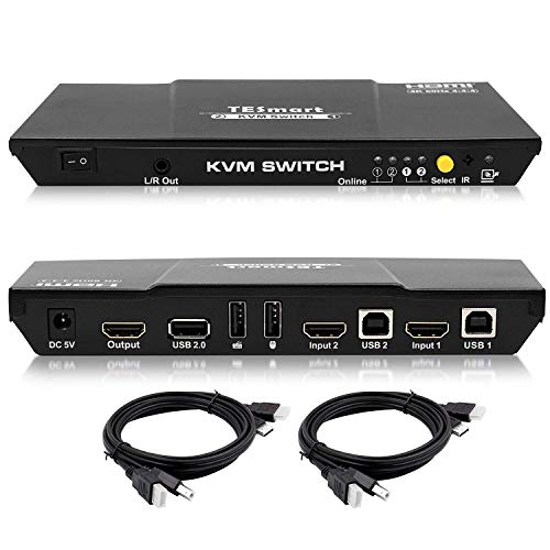 TESmart 2fach-HDMI-KVM-Switch – 4K-Ultra-HD mit 3840 x 2160 bei 60 Hz 4:4:4;2 Stck 5ft/1,5m KVM-Kabel unterstützt USB-2.0-Gerätebedienung bis max. 2 Computer/Server/DVR (Schwarz)