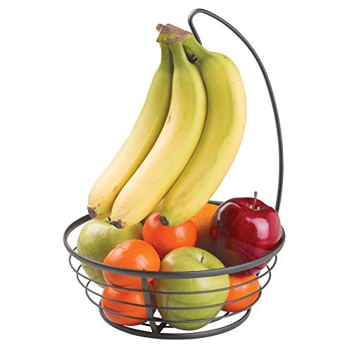 mDesign Obstkorb mit Bananenhaken aus Metall – moderne Obstschale mit Bananenhalter für die Arbeitsfläche – praktischer Früchtekorb für Obst und Gemüse – mattschwarz