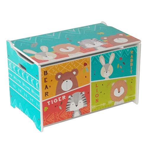 Style home Spielzeugtruhe Spielzeugkiste Kinder Sitztruhe Sitzbank Aufbewahrungsbox für Kinderzimmer 'Bär, Hase, Tiger und Löwe'' Holz, 60 x 36 x 39 cm