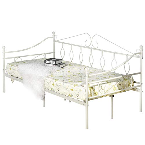 Aingoo Tagesbett Metallbett mit Bettrahmen für Schlafzimmer Wohnzimmer Balkon (Creme weiß)
