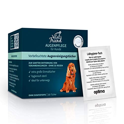 Vital-Friend Augenpflege-Tücher Hund, konservierungsmittelfreie, steril verpackte Tücher für die sanfte Reinigung von Hundeaugen,ideal für unterwegs, 20 Stück