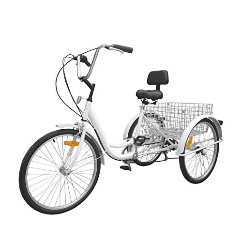 MuGuang 24' 6 Geschwindigkeit 3 Rad Erwachsenen Dreirad Fahrrad Pedal Dreirad Trike Fahrrad mit Shopping Korb (Weiß)