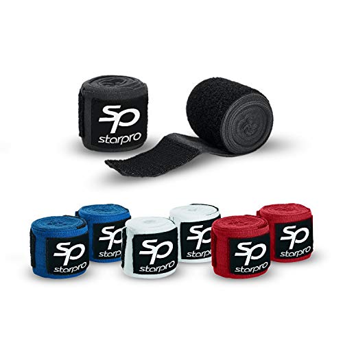 Starpro Boxbandagen Kampf mit Daumenschlaufe - Bandagen Halb elastische Boxhandschuhe mit extra weitem Klettverschluss - Boxbandage Hand für Boxen, MMA, Kickboxen - Boxbandage Sport (Black, 5 x 3.5m)