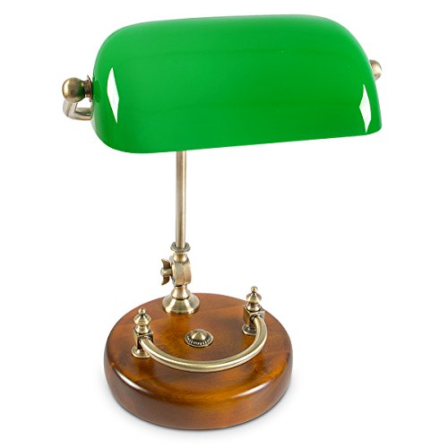 Relaxdays Bankerlampe grün mit verziertem Holzfuß – Retro Tischlampe grüne Schreibtischlampe Bibliotheksleuchte Banker Lampe im 20er Jahre Dekor – Farbe: Grün, Messing, Holz – Maße ØH: ca. 20, 40 cm