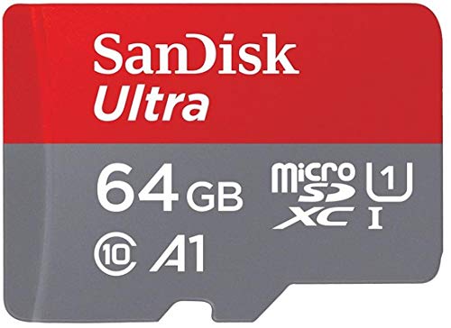 SanDisk Ultra 64GB (SDSQUAR-064G-GN6MA) microSDXC Speicherkarte + Adapter bis zu 100 MB/Sek, Class 10, U1, A1,Grau, Rot