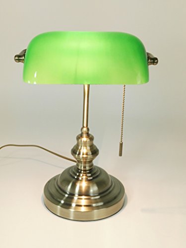 Tischleuchte Bankers Lamp grün mit Zugschalter, Bankerslamp Bankerlampe Gestell antik messing Schirm grün Schreibtischlampe Arbeitsleuchte antik retro Nostalgie