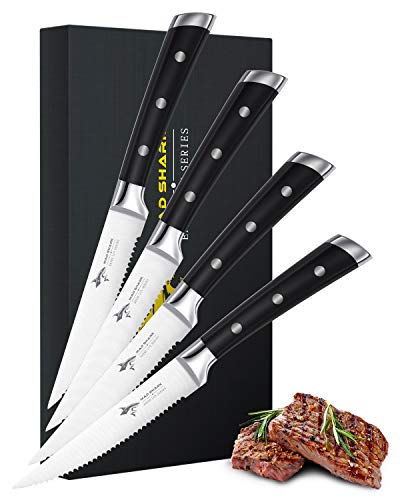 MAD SHARK Steakmesser 4,5-Zoll-Steakmesser, 4er-Set,Bester Deutscher High Carbon-Edelstahl mit Ergonomischem Griff, Beste Wahl für Die Küche zu Hause und den Esstisch