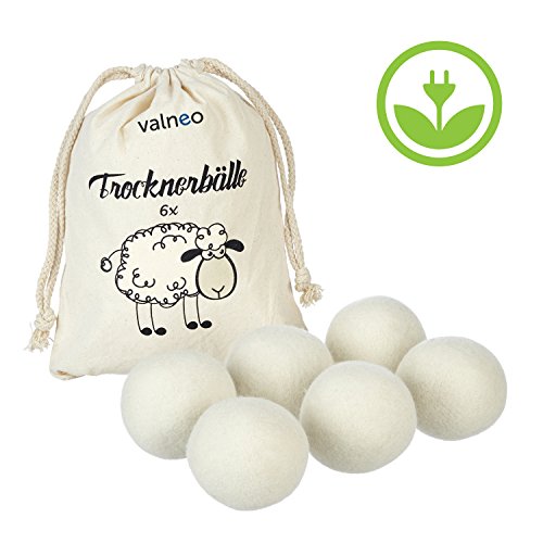 VALNEO 6 Trockner-Bälle aus 100% natürlicher Schafswolle für den Wäschetrockner, schonend zur Wäsche, Strom- und Zeit-sparend |mit 2 Jahren Zufriedenheitsgarantie | Trocknerkugeln
