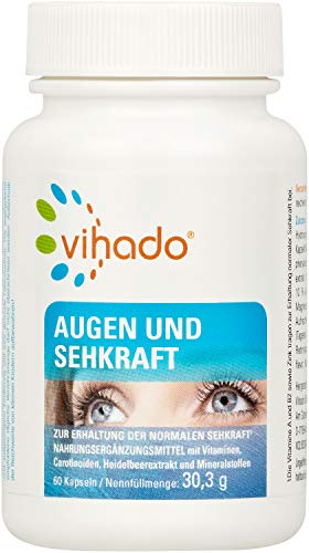 Vihado Augen-Vitamine - Sehkraft Komplex, Lutein + Beta-Carotin + Selen + Riboflavin + Vitamin A + Zink + Heidelbeer, 60 Kapseln, 1er Pack (1 x 30,3 g)