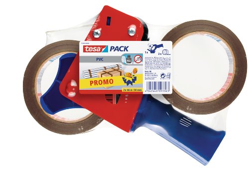 tesapack Packband-Abroller / Handabroller für Paketband / 2 x reißfestes Klebeband extra stark in Braun / 660 cm x 50 mm