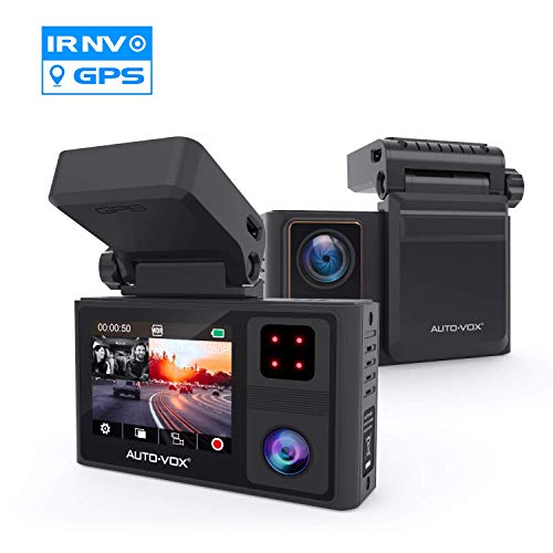 AUTO-VOX Dashcam Auto Vorne und Hinten mit eingebautem GPS, FHD 1080P Dual Dashcam mit Infrarot Nachtsicht, Autokamera mit WDR, Parküberwachung, G-Sensor, Notfallaufnahme, Loop-Aufnahme
