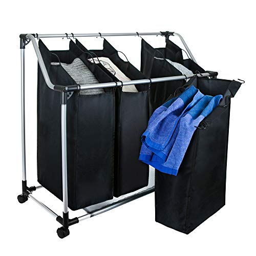 Grafner Wäschesortierer | 4 Fächer | mit Rollen | schwarz | stabil | bis 20 kg | Wäschesammler Wäschekorb Wäschebox
