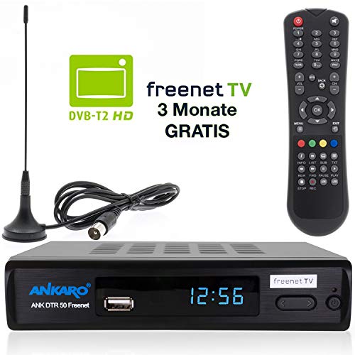 Ankaro DVB-T2 Receiver DTR 50 inkl. 3 Monate GRATIS Freenet TV digitaler H.265 Empfänger in schwarz inklusive DVB-T Stab Antenne