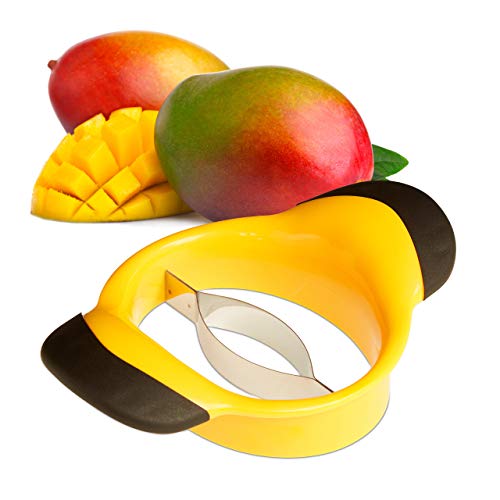 Relaxdays Mangoschneider, Mango teilen & entkernen, rutschfester Griff, Edelstahl-Klinge, Mango Slicer, schwarz-gelb