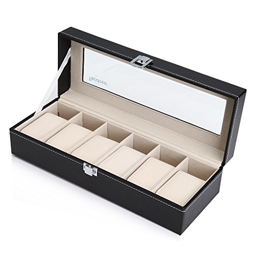 Readaeer Uhrenbox für 6 Uhren Kasten Speicher mit Glasdeckel schwarz aus PU-Leder