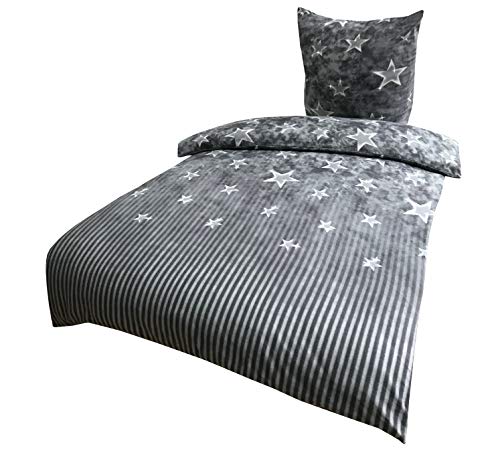 Leonado Vicenti 2 TLG Fleece Bettwäsche 135x200 cm grau weiß Sterne gestreift Kuschel Flausch Winter Set mit Reißverschluss