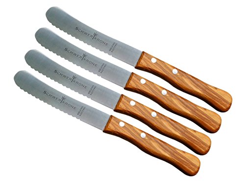 Schwertkrone Brotzeitmesser Buckelsmesser Brötchenmesser Buttermesser mit Wellenschliff Holzgriff Olivenholz Holzgriff (4 Stück)