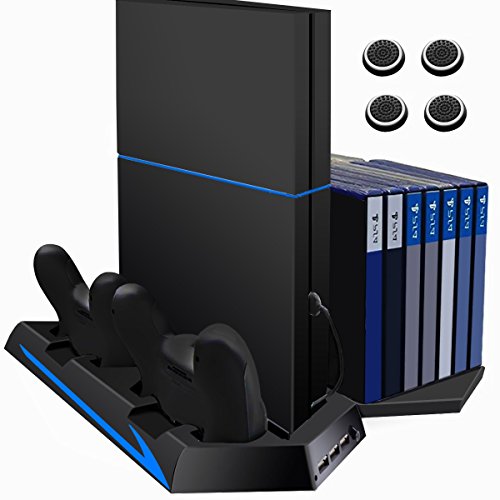 VICKMALL PS4 Vertikaler Standfuß Kühler Lüfter mit DualShock 4 Ladestation für PlayStation 4 PS4 Controller 3 USB HUB Port 14 Game Disc Aufbewahrungshalter und 4 Thumbstick,es ist Nicht für PS4 Pro und PS4 Slim