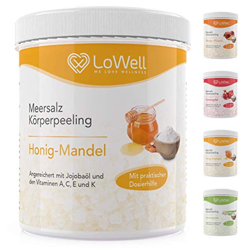 LoWell  - Peeling Meersalz mit Jojobaöl + BONUS Dosierhilfe + Peeling-Guide - Natürliches Körperpeeling Scrub - Ideal für die Dusche, Dampfbad und Sauna - Body Salz - Honig-Mandel 500g