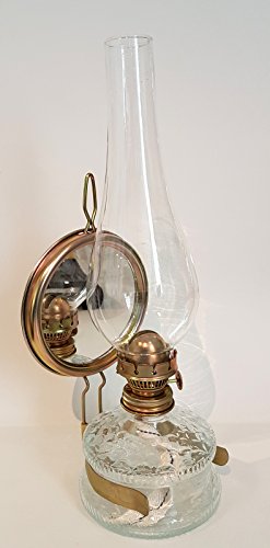 Mittlere Oellampe antikes Design mit Spiegel befüllbar mit Fuß aus transparentem Glas dekorative Petroleumlampe mit verziertem gold farbigen Dochthalter in Messinghalterung mundgeblasen Höhe ca. 32,5 cm