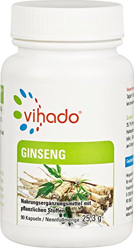 Vihado Ginseng Extrakt Kapseln hochdosiert - Rotes Panax Ginseng Pulver aus der Wurzel + Pantothensäure für normale geistige Leistung, 90 Kapseln, 1er Pack (1 x 25,3 g)