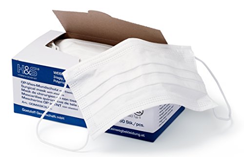 Mundschutz (OP Vlies-Mundschutz) 50 Stück-Packung von ISC H&S mit Elastikband in Komfortlänge, 3-lagig, 100% PP, mit Nasenbügel, glasfaserfrei, latexfrei (3-lagig weiß)