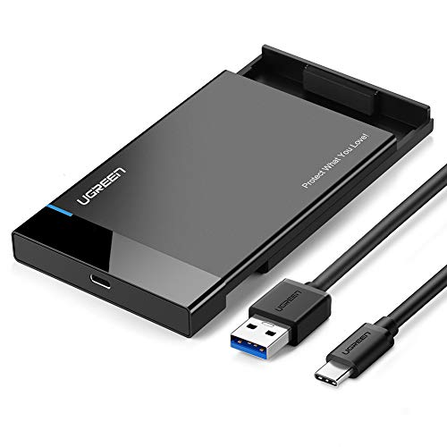 UGREEN Festplattengehäuse 2,5 Zoll USB C 3.1 Gen 2 auf SATA III bis zu 6 Gbps Gehäuse für SSD und HDD unter 9.5mm UASP unterstützt, SATA Gehäuse mit USB C 3.1 auf USB A Kabel, werkzeugfreie Montage, Schwarz