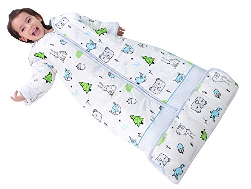 Chilsuessy Winter 2.5 Tog Kinder Schlafsack mit abnehmbaren Ärmeln Bio Babyschlafsack für Jungen und Mädchen von 1 bis 10 Jahre alt (XL/Koerpergroesse 130-150cm, Blau Wald)