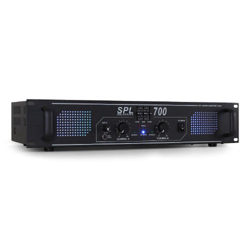 Skytec SPL700 Hifi DJ PA Verstärker 2000 Watt Endstufe Equalizer mit blauen LED Lichteffekt (3 Band EQ, 3x Cinch 3,5mm Klinke) schwarz