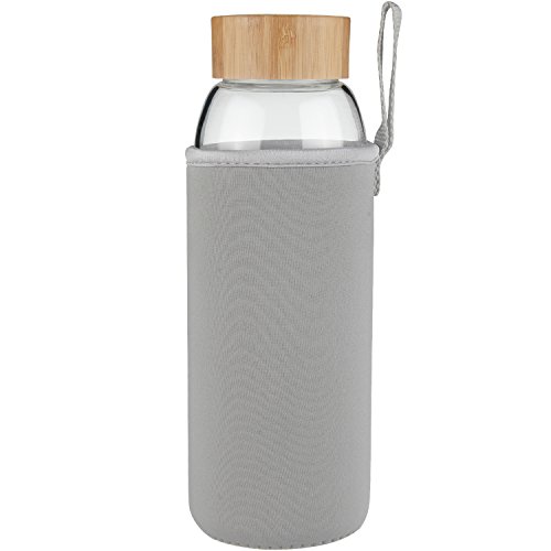 Ferexer 1 Litre Trinkflasche Glas Wasserflasche mit Bambus Deckel 1000 ml / 1 L (grau)