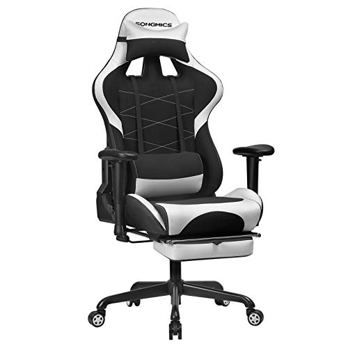 SONGMICS Gaming Stuhl mit Fußstütze, 150 kg, Bürostuhl, Schreibtischstuhl, Lendenkissen, Kopfkissen, hohe Rückenlehne, ergonomisch, Stahl, Kunstleder, atmungsaktives Meshgewebe, schwarz-weiß RCG52BW