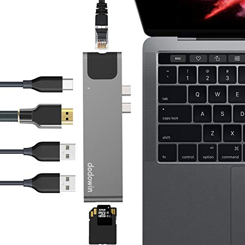 USB C HUB Kompatibel für MacBook Pro 2019 2018 2017 MacBook Air 2019 2018, MacBook Pro Adapter Zubehör mit 40Gbs Thunderbolt 3, 1* Gigabit Ethernet, 1 HDMI, 2 USB 3.1, SD/Micro SD Kartenleser (Grau)