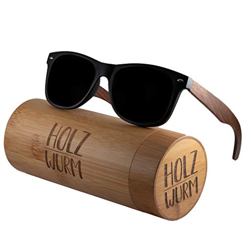 Holzwurm Sonnenbrille mit Holzbügeln aus Walnuss für Damen & Herren/Polarisierende Brillengläser mit UV400-Schutz/mit Brillenetui aus echtem Bambus