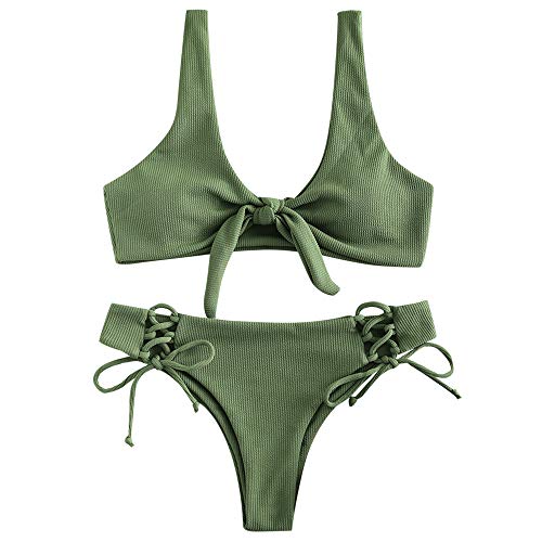 ZAFUL Damen Gerippter Geknoteter Bikini-Set Sexy Brazilian Bikini Gepolsterter Badeanzug Beachwear (Hellbraunes Grün M)