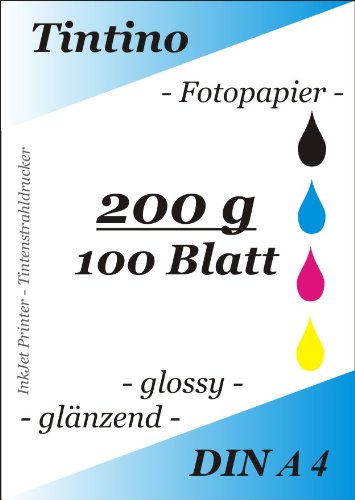 Tintino Fotopapier / 100 Blatt - 200g/qm DIN A4 -glossy glaenzend - sofort trocken - wasserfest - sehr hohe Farbbrillianz fuer InkJet Drucker Tintenstrahldrucker -hochweiß