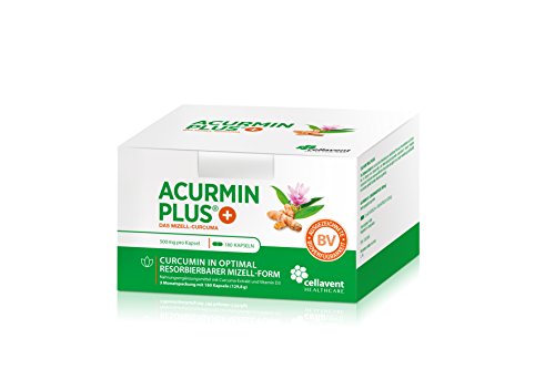 Kurkuma Kapseln hochdosiert von Acurmin PLUS: Das Mizell-Curcuma (Curcumin) mit Vitamin D3, OHNE Piperin/Bioperin/Pfeffer von Cellavent Healthcare - 180 Kapseln natürliches Kurkuma