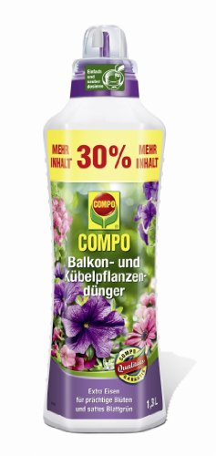COMPO Balkon- und Kübelpflanzendünger für alle Balkon- und Kübelpflanzen, Spezial-Flüssigdünger mit extra Eisen, 1,3 Liter