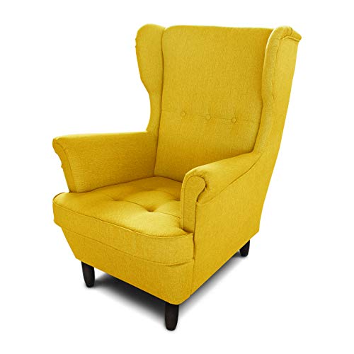 Ohrensessel Sessel King - Lounge Sessel mit Armlehnen - Retro Stuhl aus Stoff mit Holz Füßen - Polsterstuhl für Esszimmer & Wohnzimmer (Gelb (Vidar 66), ohne Hocker)