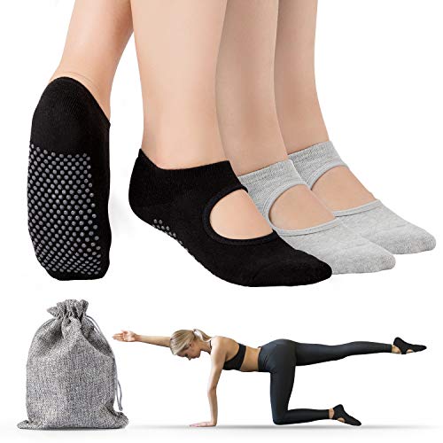 Tusscle rutschfeste Yoga Socken für Damen - 2 Paar Anti-Rutsch Baumwollsocken mit Griffe für Pilates, Stange, Ballett, Barfuß, Fitness