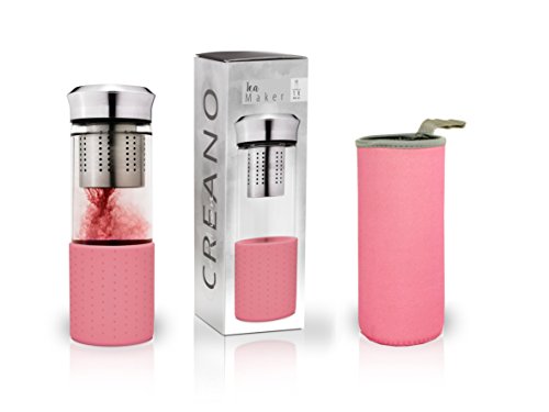Creano Teebereiter 'Teamaker' - Teeflasche to go aus Glas mit Sieb für losen Tee inkl. Neoprentasche | 400ml (Rosa)