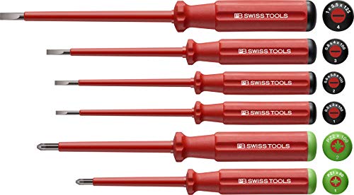 PB Swiss Tools POZIDRIV/SCHLITZ Schraubendreher-Set Elektriker VDE PB 5543, 6-tlg. (PZ1/PZ2/1/2/3/4), Isoliert bis 1.000 Volt, 100% Swiss Made, Unbegrenzte Garantie, Rot