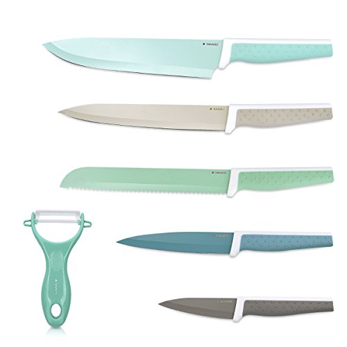Navaris Messer Set 6-teilig inkl. Schäler - 5x Edelstahl Küchenmesser und 1x Keramik Gemüseschäler - Fleischmesser Brotmesser - Messerset bunt