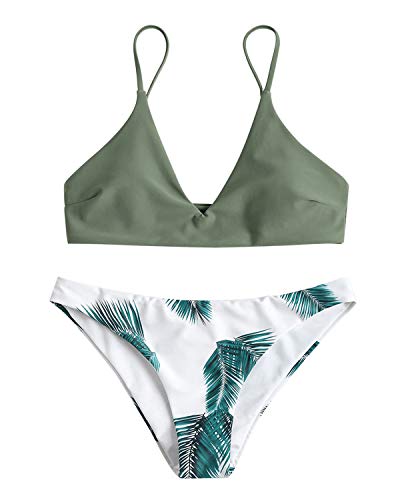 ZAFUL Damen Gepolsterter Bikini Set Bademode Badeanzug mit Blatt Pattern Zweiteilig Grün Medium